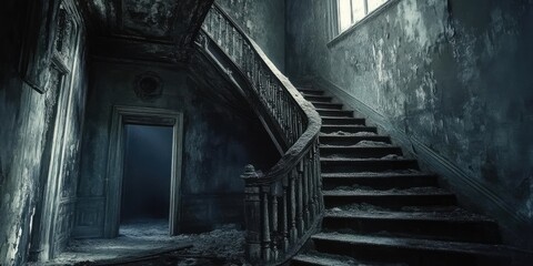 Dust-Covered Staircase in a Haunted Mansion