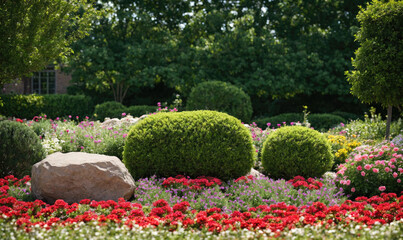 A large rock sits in a garden filled with red, white, and pink flowers surrounded by lush green shrubs