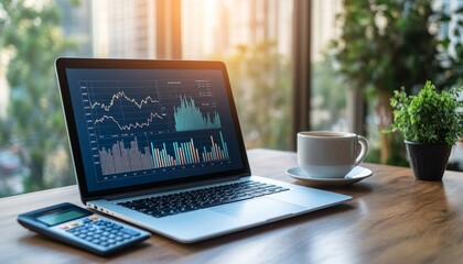 A laptop displaying financial graphs on a wooden table with a coffee cup and calculator, suggesting a business environment.