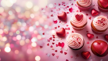 Sweet love themed background with cupcakes, hearts and confetti. Perfect for Valentine's Day or romantic occasions
