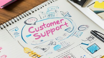Notebook with "Customer Support" written in bold on the page,