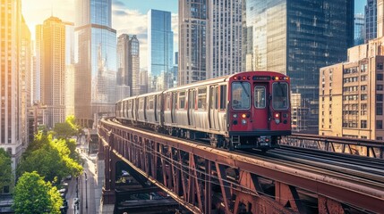 Fototapeta premium Chicago transport system, train on a bridge with urban skyline and clear skies, modern city life.