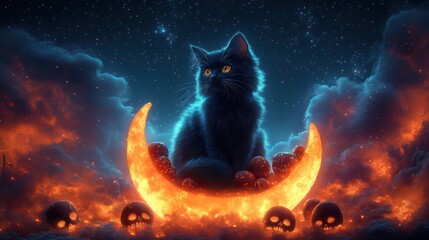 A black cat sitting on a crescent moon surrounded by a halo of Halloween candy icons