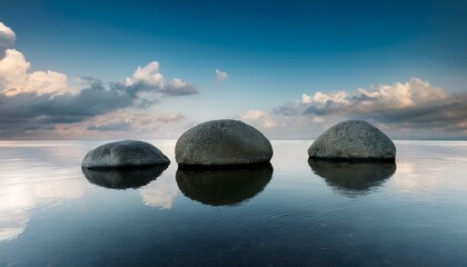 Three large, round rocks on calm water with a cloudy sky