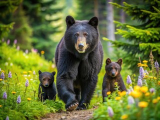 Fototapeta premium A large, fluffy black bear mama walked beside her two adorable cubs, exploring a serene forest surrounded by lush greenery and vibrant wildflowers.