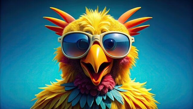 A large, brightly feathered bird wearing a goofy expression and oversized sunglasses stands in front of a sunny blue backdrop, looking utterly absurd and hilarious.