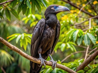 Obraz premium A Large Dark Bird With Hooked Beak And Talons Perched On A Tree Branch