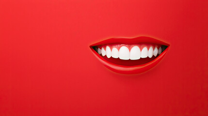 Naklejka premium A vibrant close-up of a smiling mouth against a bold red background, showcasing bright white teeth and a cheerful expression.