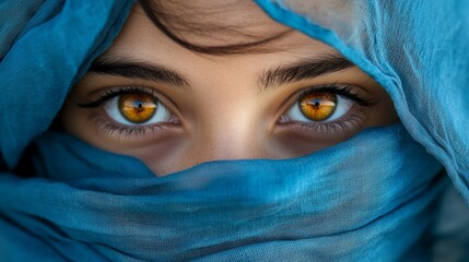 Naklejka premium Closeup of the amber eyes of a girl with her face wrapped in a blue scarf generative ai