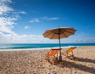Two beach chairs and an umbrella on a sandy beach with ocean and blue sky in the background.