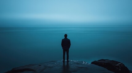 Man alone gazing at the vast sea, capturing a sense of solitude and introspection in a surreal setting.
