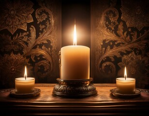 Two candles flicker in a dimly lit room, casting a warm glow on ornate decorations. The scene evokes a sense of peace and serenity.