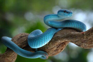 Potrait blue viper snake on branch, viper snake, blue insularis, trimeresurus insularis, 09 September 2024 Indonesia
