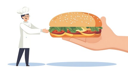 Chef Receives Gigantic Sandwich from Giant Hand - Simple Flat Clip Art Style Illustration