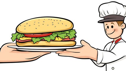 Chef Receiving Giant Sandwich - Simple and Whimsical Food Illustration Clip Art