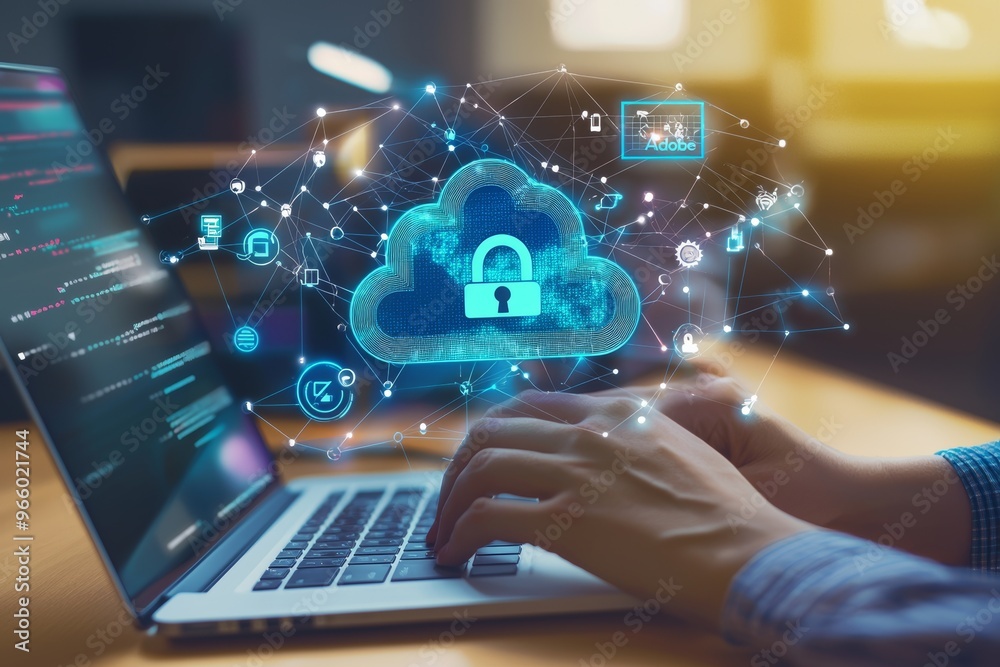 Poster hand of businessman on virtual cloud computing technology database storage security, data protection