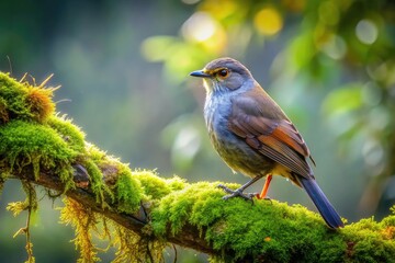 Fototapeta premium A majestic ern bird perches on a moss-covered branch, its soft grey feathers glistening in the morning dew, surrounded by lush green foliage.