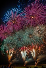 Multiple fireworks of different colors going off simultaneously, lighting up the night with vivid patterns