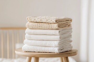A neatly folded stack of baby clothes in soft neutral tones, arranged on a wooden stool.