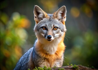 Fototapeta premium A majestic grey fox with piercing yellow eyes and a fluffy grey coat with a hint of brown stands alert in a forest clearing.