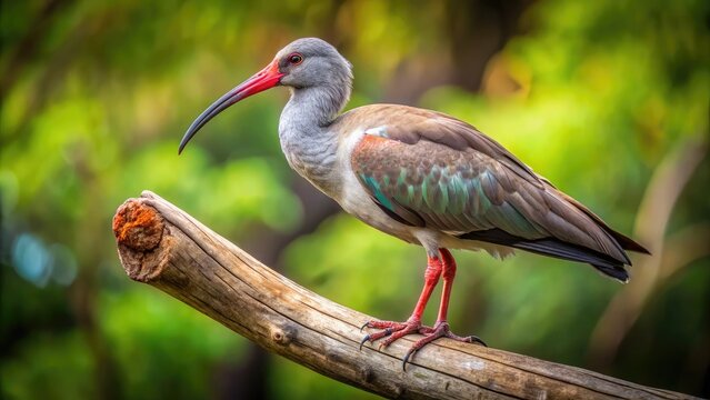 A majestic Hadida Ibis bird with sleek gray feathers, long curved bill, and bright red eyes perches on a weathered wooden branch in natural habitat.