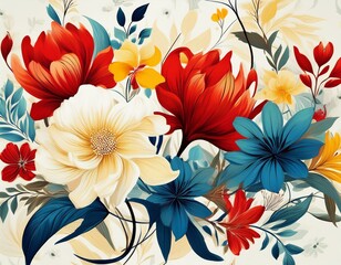 Vibrant floral illustration with red, white, yellow, and blue flowers on a white background. A botanical pattern perfect for nature-inspired designs