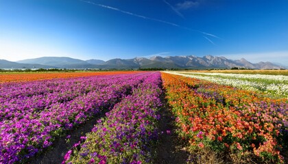 Fototapeta premium Vibrant flower fields stretch towards distant mountains under a clear blue sky
