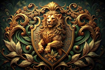 A majestic lion stands proudly on a heraldic shield, surrounded by ornate scrolls and foliage, emblazoned on a vintage coat of arms with intricate golden details.