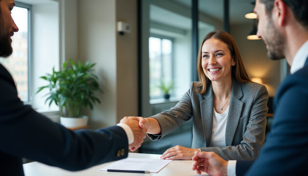Happy mid aged business woman manager handshaking at office meeting. Smiling female hr hiring recruit at job interview, bank or insurance agent, lawyer making contract deal with client at work.