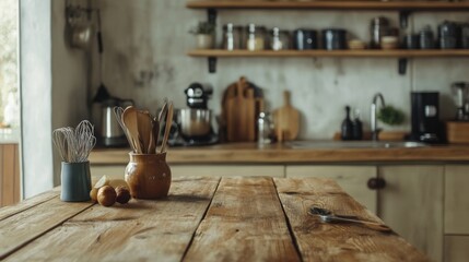 wooden rustic kitchen table. minimalistic interior, utencils on the table