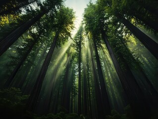 Obraz premium Morning light breaking through the dense canopy of a redwood forest, peaceful and serene