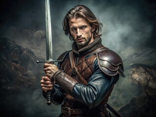 Naklejka premium A medieval warrior stands ready for battle, gripping a gleaming sword with intricate hilt, drawn from a worn leather scabbard in a dramatic pose.