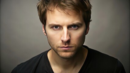 Fototapeta premium A Medium-Shot Of A Man With Short, Messy Brown Hair, Wearing A Black Shirt And Looking Directly At The Camera With A Serious Expression.