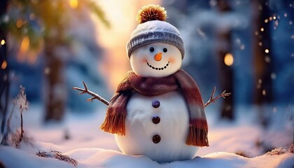 Snowman smiling and standing in snowfall with Christmas ornament. Winter morning landscape, bokeh forest background
