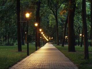 Obraz premium Tree-lined eco-friendly park, solar lights, surrounded by greenery, peaceful nature retreat