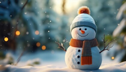 Snowman smiling and standing in snowfall with Christmas ornament. Winter morning landscape, bokeh forest background
