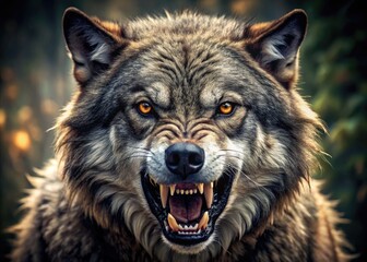 Obraz premium A menacing predator's snarling face with razor-sharp beared teeth bared in a fierce growl, showcasing primal ferocity and raw power in the wild.