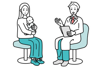 Illustration of doctor, explaining medical examination to parent and child.
