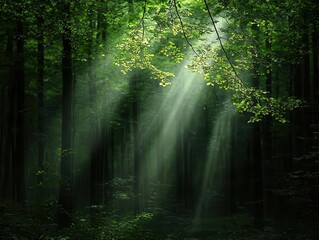 Obraz premium Forest canopy with rays of sunlight breaking through, eco-friendly atmosphere, peaceful vibes