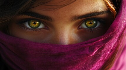 Fototapeta premium Closeup of the bright green eyes of a girl with her face wrapped in a magenta scarf generative ai