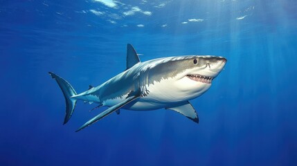Fototapeta premium Great White Shark Gliding Through the Open Ocean Waters