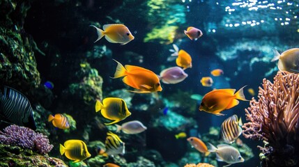 Obraz premium Diversity in Motion: School of Colorful Fish Swimming Among Vibrant Coral Reef Ecosystem