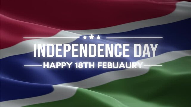 Gambia Independence Day, Happy February 18 Lettering text animation, waving flag background, fireworks