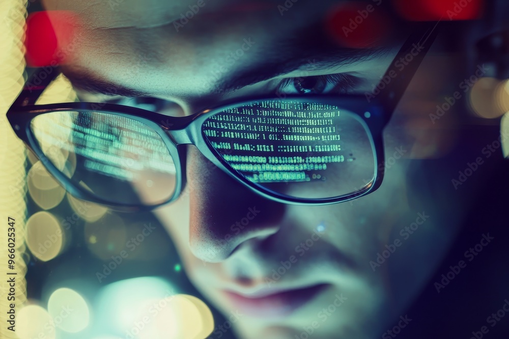 Poster a programer, coder, and a man with focus, holographic and digital software with cyber security, futu
