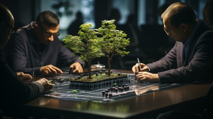 A group of men are sitting around a table with a potted plant in the middle