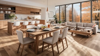 Fototapeta premium A large, open living room with a wooden floor and a wooden dining table