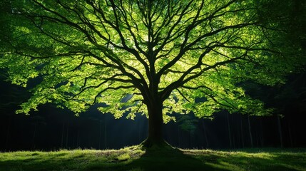 Naklejka premium Majestic tree with sprawling branches, natural canopy overhead, dappled sunlight on the forest floor