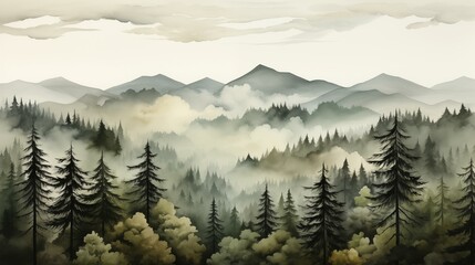 Fototapeta premium A mountain range with a foggy mist and trees in the foreground