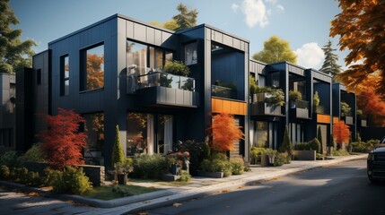 Obraz premium A row of black buildings with orange leaves on the trees