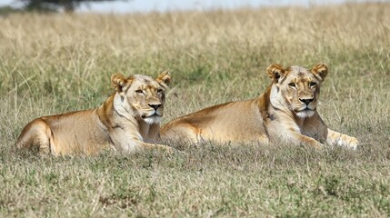 Naklejka premium Lions Resting in the Serene Savannah Landscape
